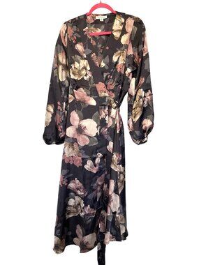 Onetheland Floral Wrap Dress Chiffon Kimono Style Long Sleeves Belted Waist